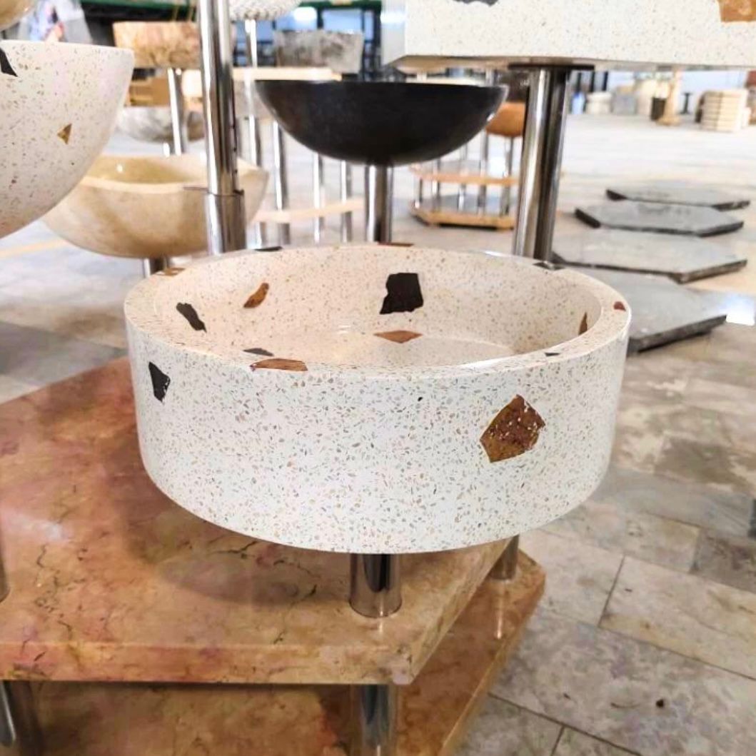 Handmade Round Terrazzo Concrete Vessel Sink – Cream Stone Modern Luxury Bathroom Basin