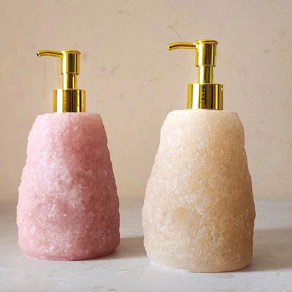 Rose Quartz Soap Dispenser | Bathroom Accessory & Vanity Decor | Crystal Stone Pump Bottle