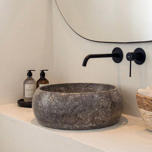 Grey & Beige Marble Donut Stone Sink 40 x 15cm | Wabi Sabi Japandi Round Washbasin