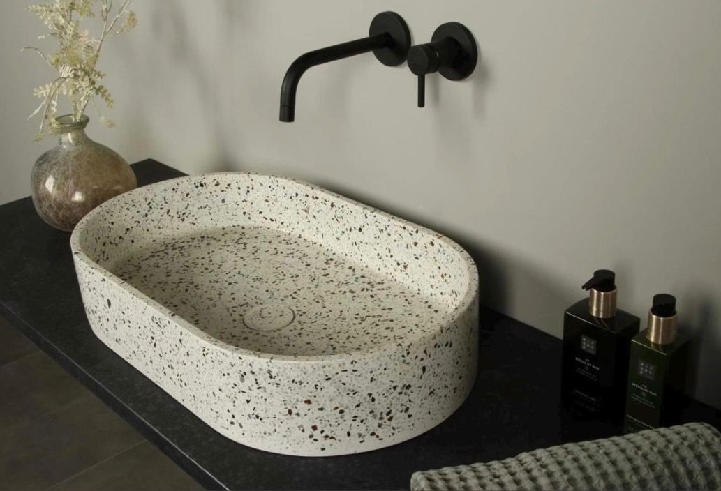 Large Terazzo Sink - Handmade Oval Concrete Wash Basin 50 x 35cm