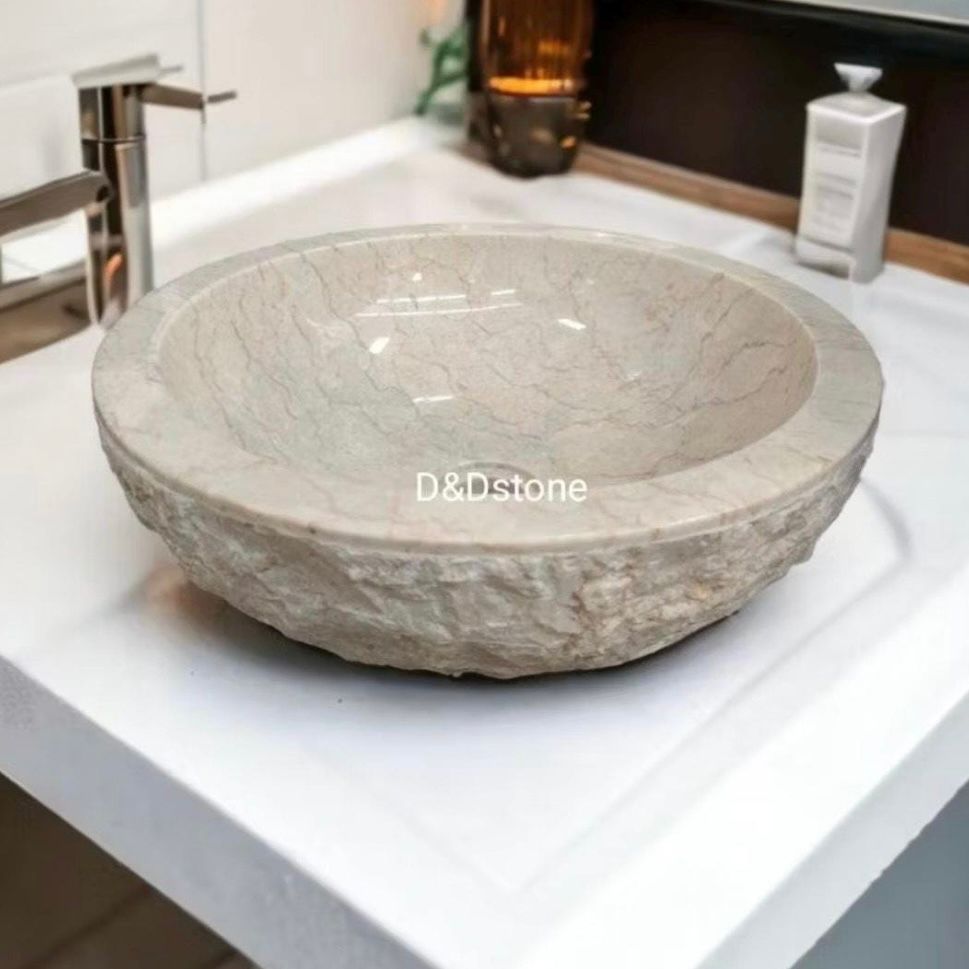 Marble Vessel Sink – Handcrafted Natural Stone Bathroom Basin Bowl | Japandi Rustic Washbasin for Luxury Bathroom