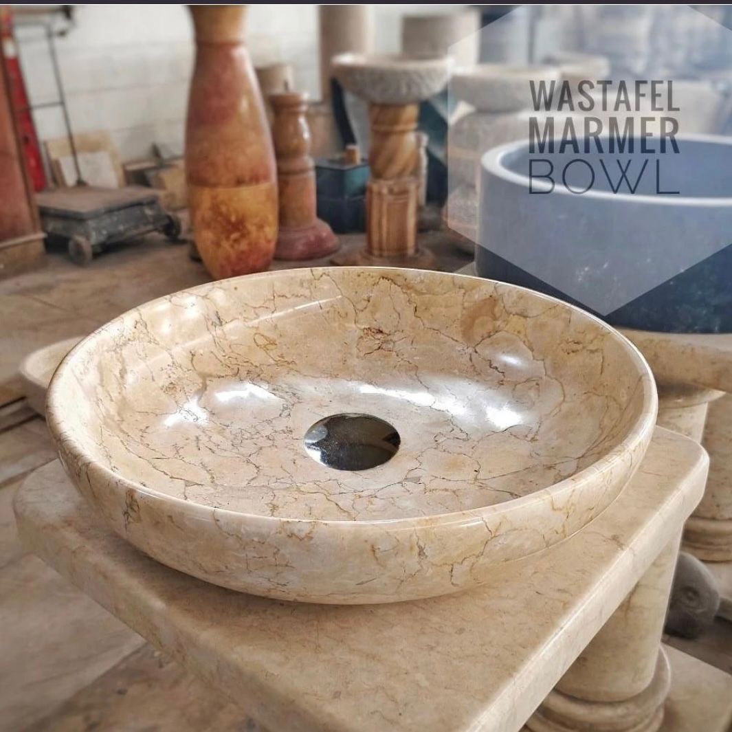 Handmade Beige Marble Vessel Sink – Polished Round Stone Basin