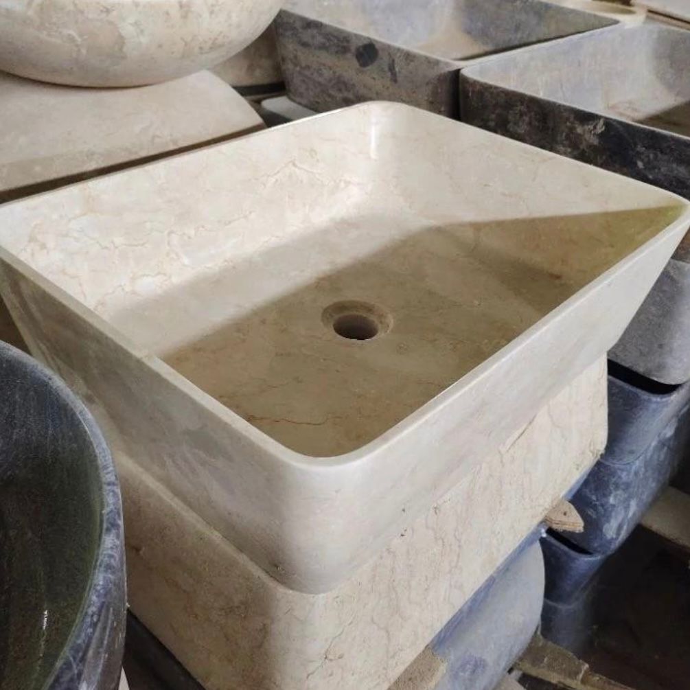 Handmade Rectangular Marble Vessel Sink – Polished Stone Bathroom Basin