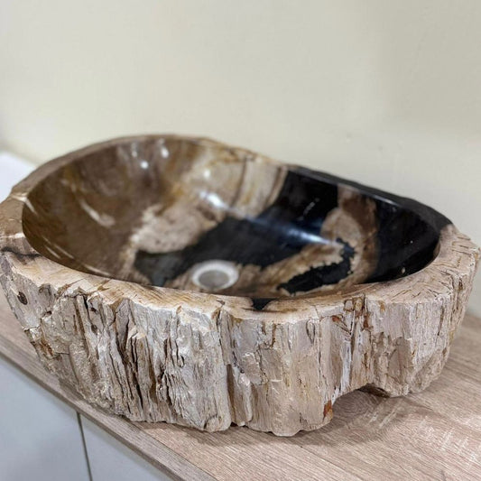 Petrified Wood Stone Sink – Natural Fossil Bathroom Vessel Basin | Rustic Vanity Bowl | Travertine Sink