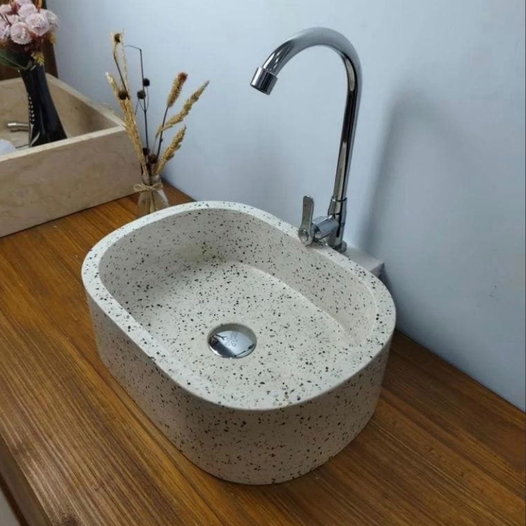 Handmade Pink Terrazzo Concrete Vessel Sink – Oval Bathroom Basin, Modern Luxury Vanity Bowl