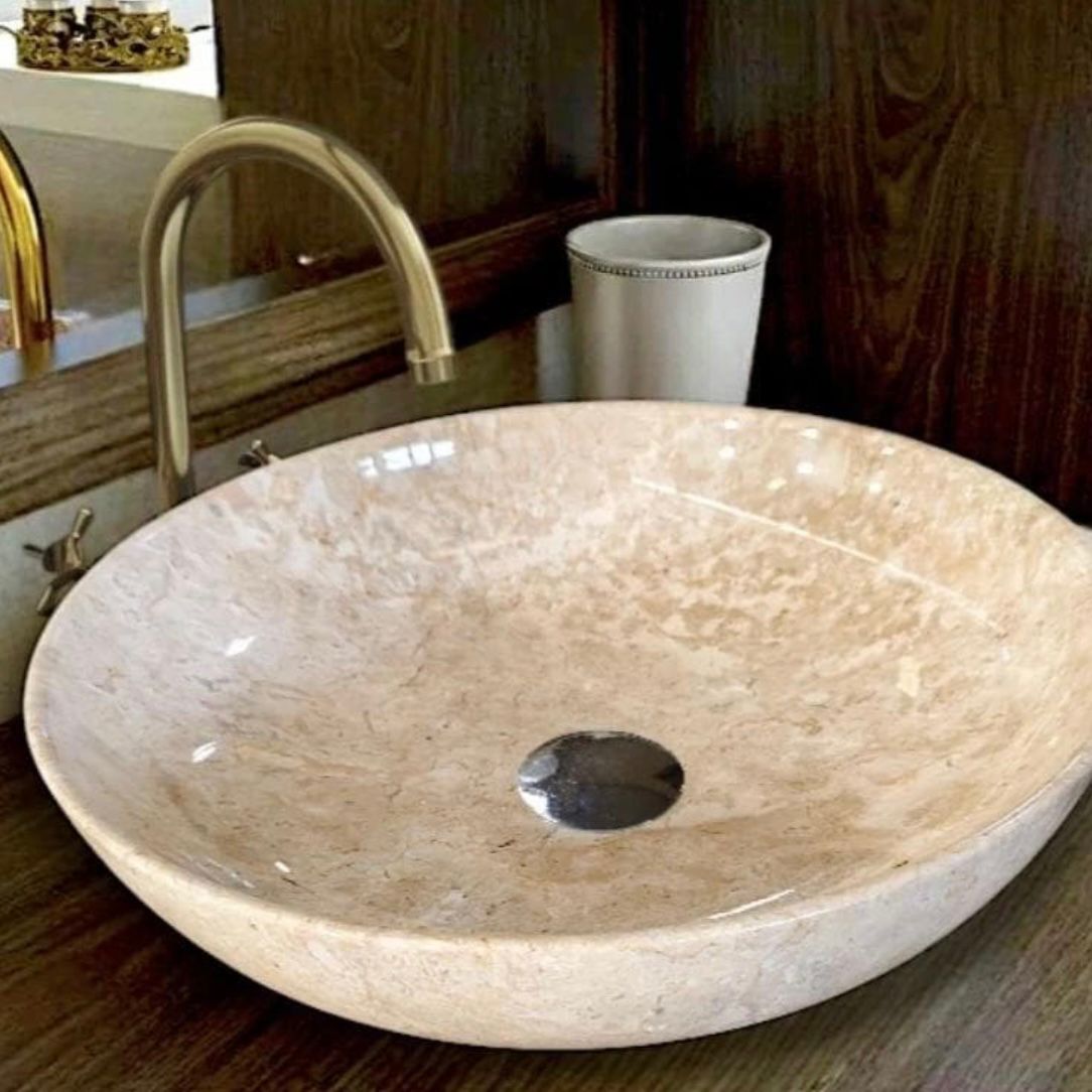 Handmade Beige Marble Vessel Sink – Polished Round Stone Basin