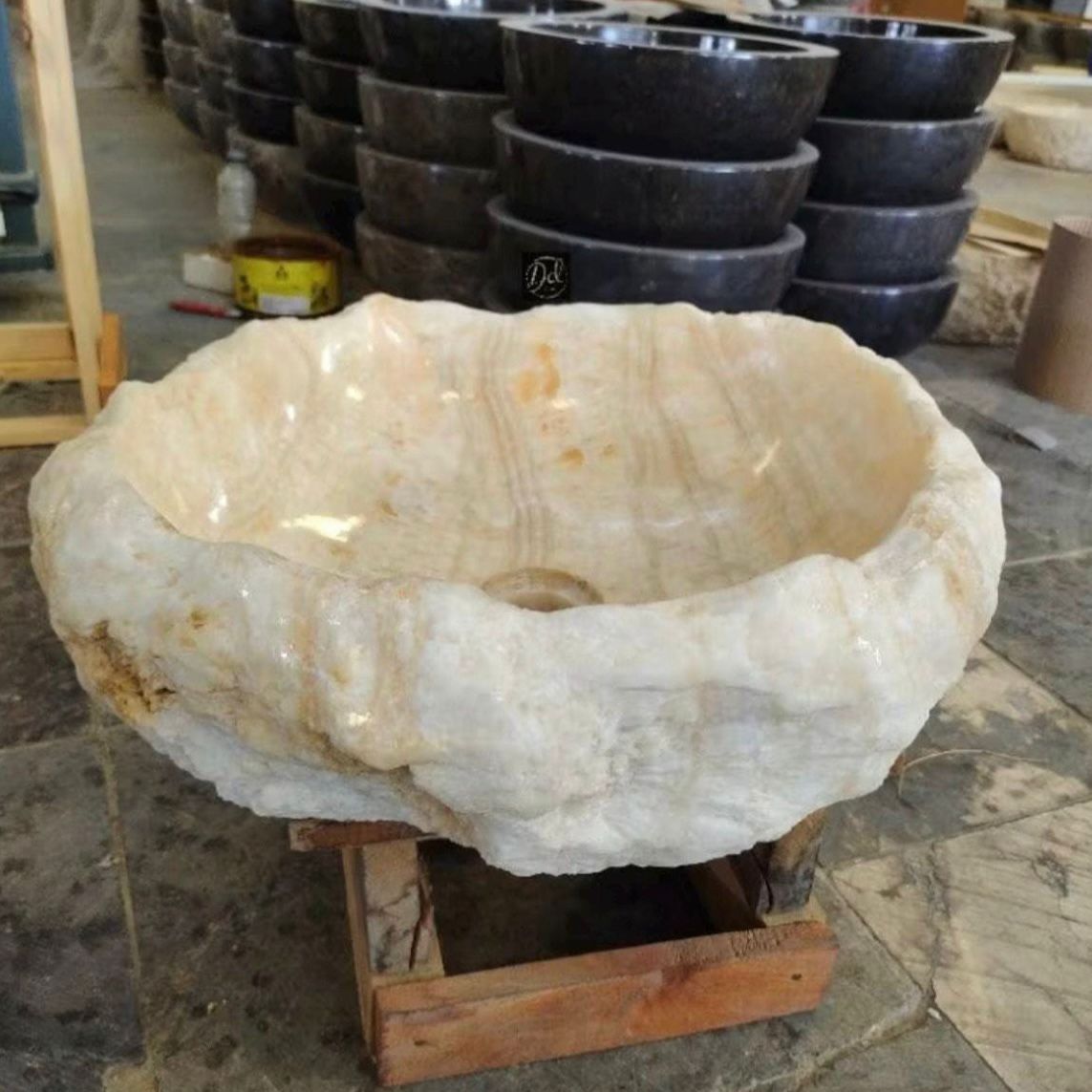 Translucent Onyx Marble Sink – Natural Marble Vessel Basin for Bathroom Vanity, Hand-Carved Stone Washbasin
