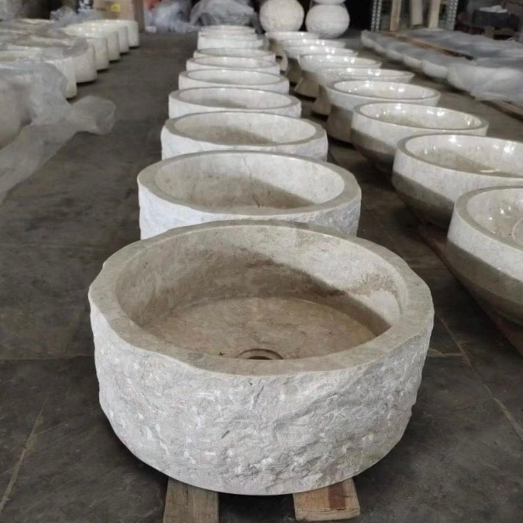 Round Marble Sink | Rustic Natural Stone Vessel Basin for Wabi Sabi or Japandi Decor | Bathroom WashBasin