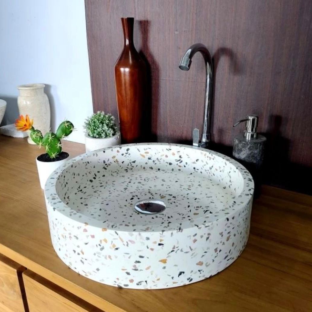 Handmade Round Terrazzo Concrete Vessel Sink – Multicolor Chip Modern Luxury Bathroom Basin