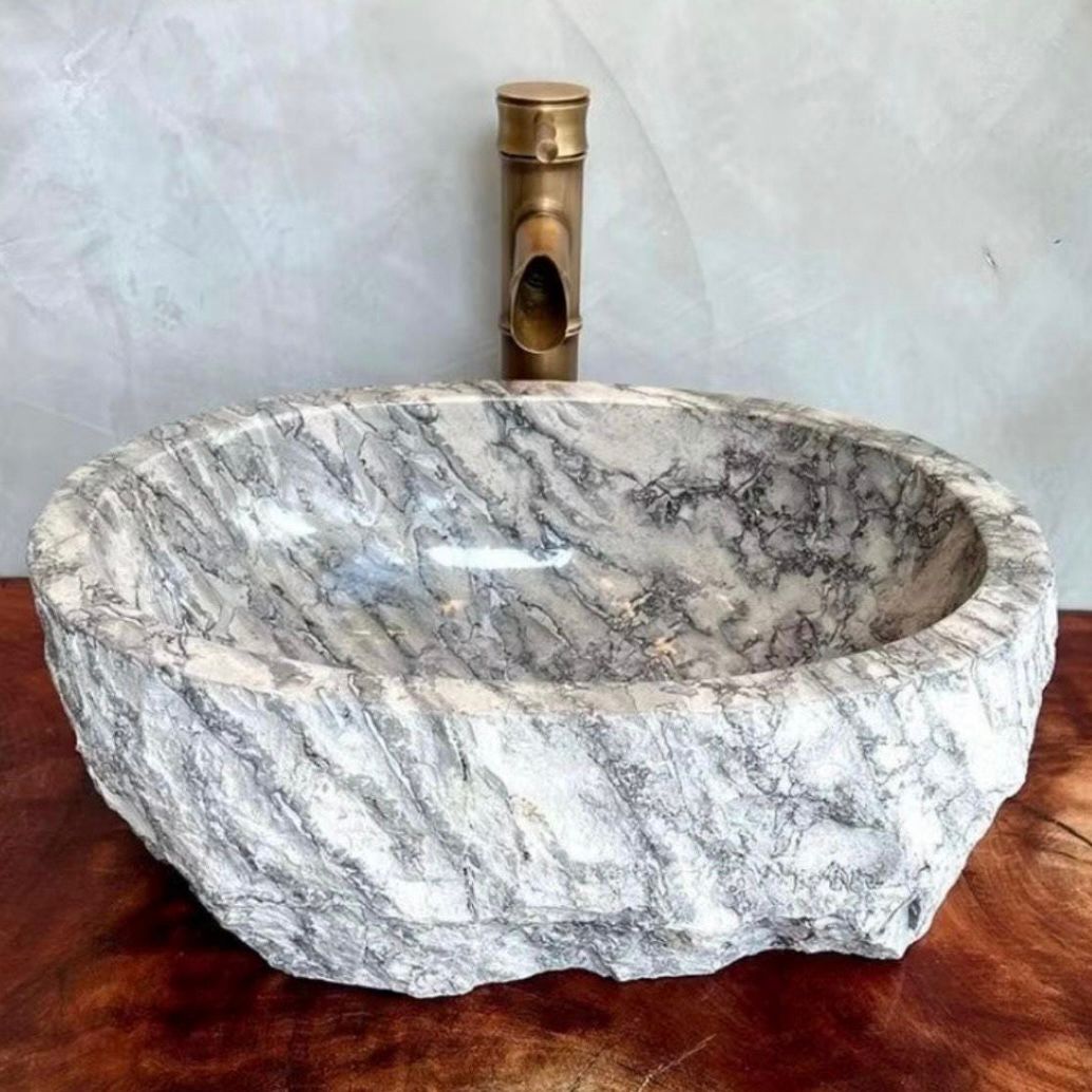 Rare Natural Marble Sink - Hand Carved Stone Vessel Basin - One of a Kind Luxury Bathroom Washbasin