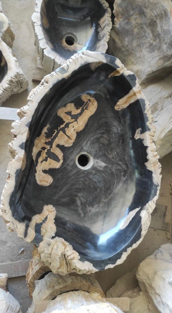Petrified Wood Stone Sink – Natural Fossil Bathroom Vessel Basin | Rustic Vanity Bowl | Travertine Sink