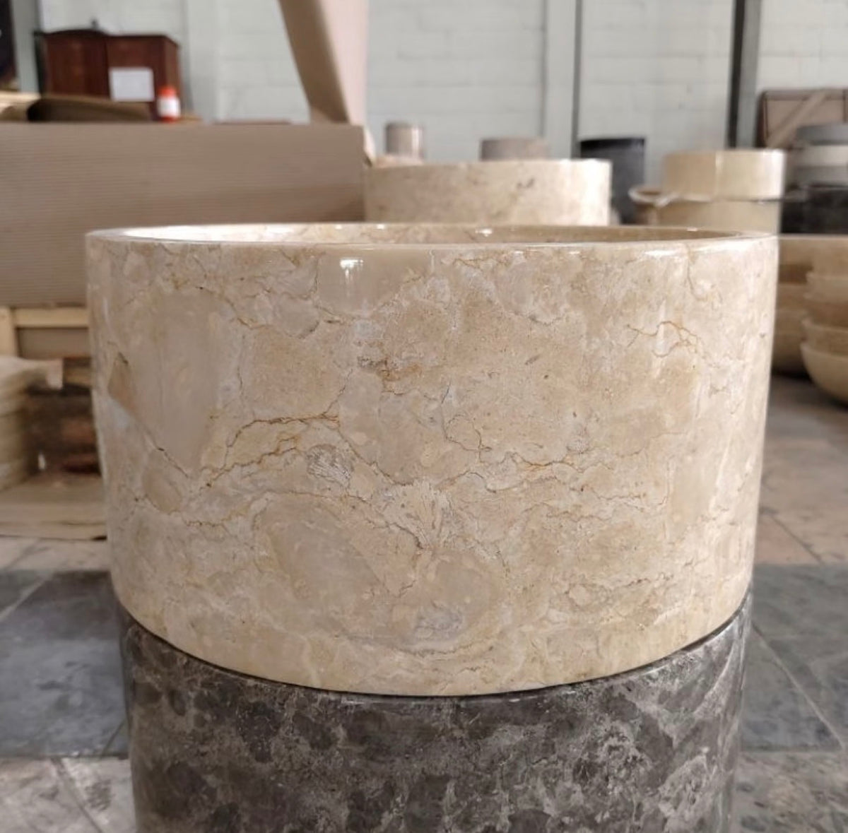 Round Beige Marble Vessel Sink  Custom Natural Stone Bathroom Vanity Top Basin  Handmade Countertop Basin  Carved Stone Sink