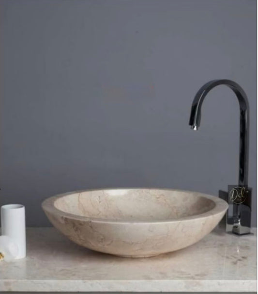 Round Beige Marble Vessel Sink | Natural Stone Bathroom Basin | Vanity Top Sink | Handmade Stone Sink | Luxury Bathroom Vanity