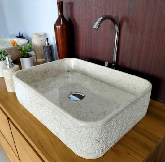 Rectangular Beige Vanity Marble Sink | Natural Stone Vessel Sink for Modern Bathroom | Handmade Stone Sink | Custom Vanity Top Basin