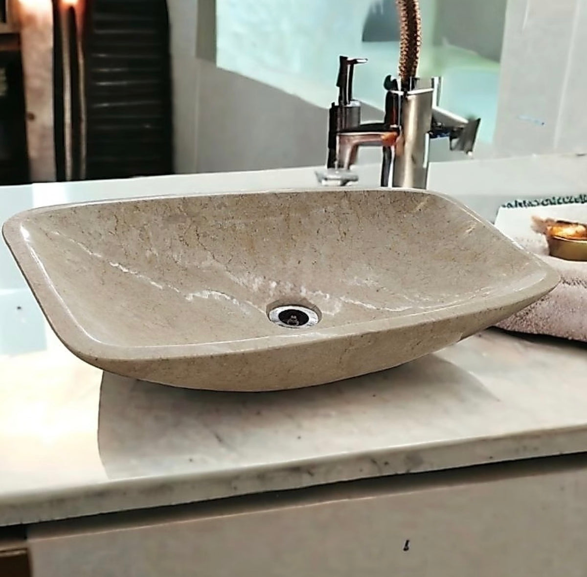 Beige Marble Vanity Marble Sink | Rectangular Natural Stone Basin | Bathroom Vessel Sink | Vanity Top Basin | Custom Modern Stone Sink