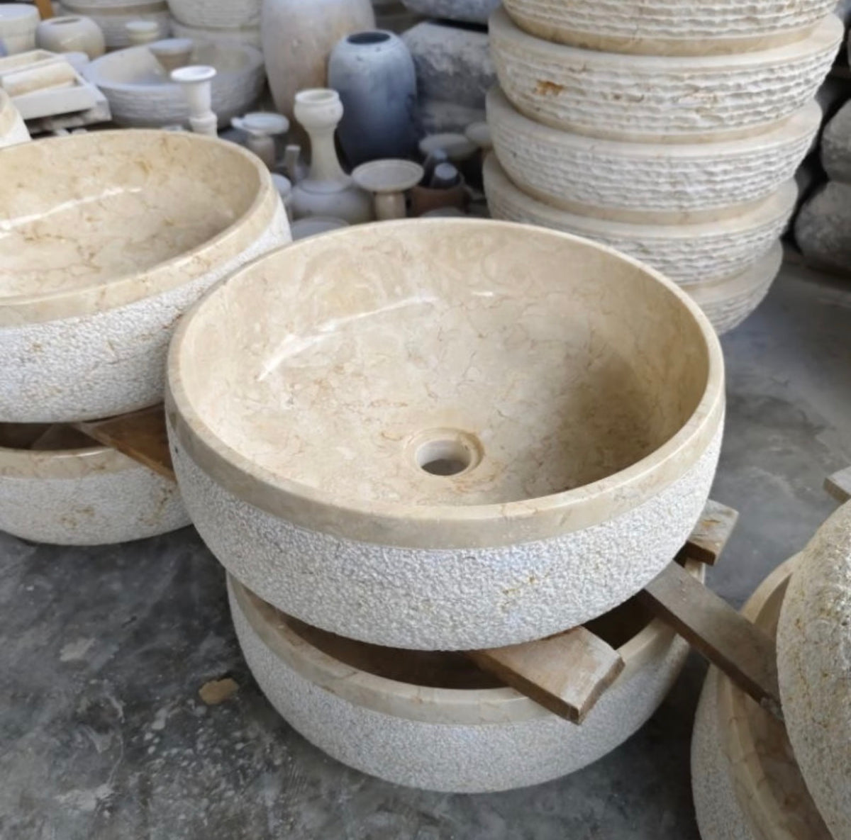 Round Beige Marble Vessel Sink  Bathroom Vanity Marble Sink  Handmade Natural Stone Basin  Countertop Sink