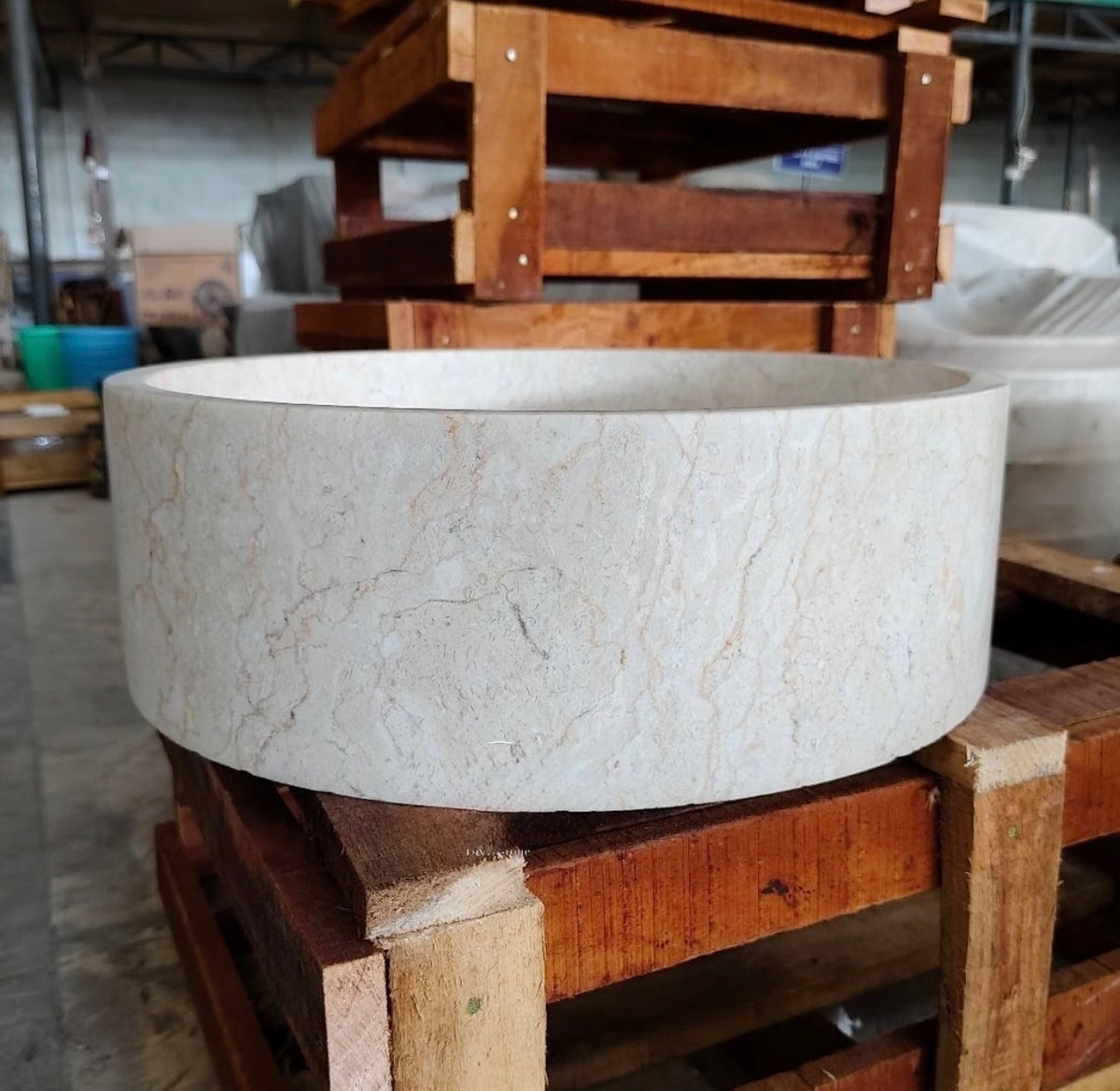 Round Beige Vanity Marble Sink | Handmade Natural Stone Basin | Custom Vanity Top Basin for Modern and Luxury Bathroom