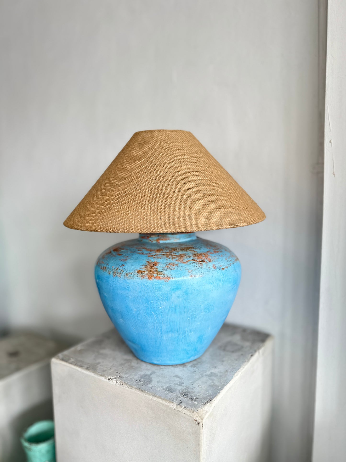 Handmade (Large) Coastal Blue Table Lamp | Wabi Sabi Nautical Terracotta Style Desk Lamp | Mediterranean Inspired Japandi Bohemian Lighting