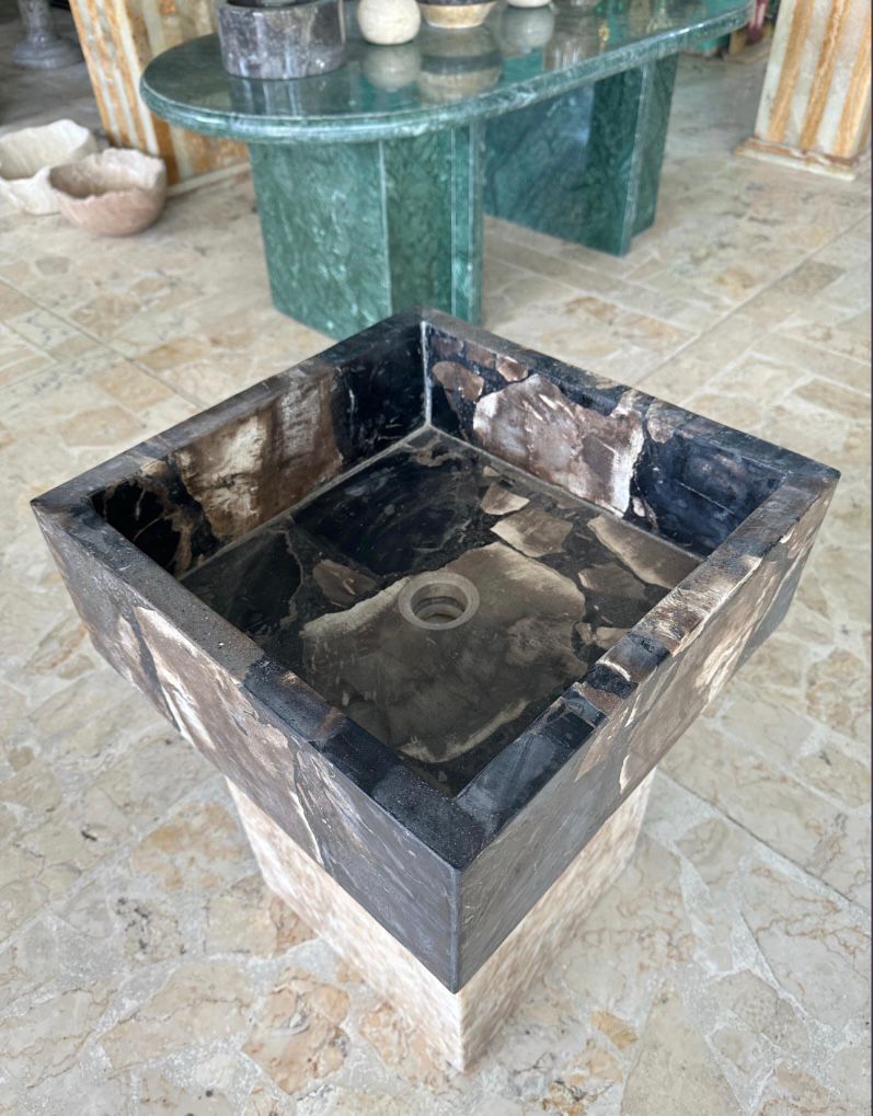 Petrified Wood Sink | Handcrafted Fossilized Wood Washbasin in Black and Beige | Natural Fossil Bathroom Vessel Basin