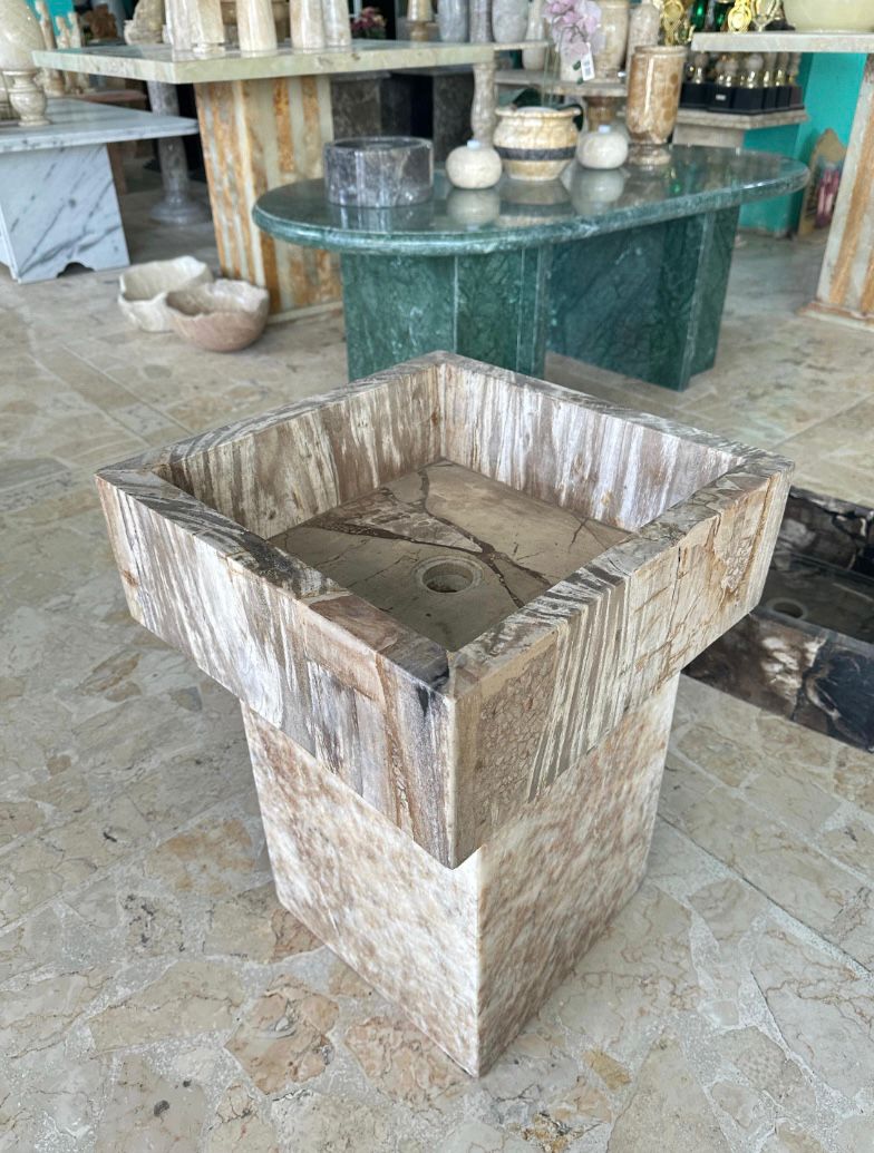 Petrified Wood Sink | Handcrafted Fossilized Wood Washbasin in Black and Beige | Natural Fossil Bathroom Vessel Basin