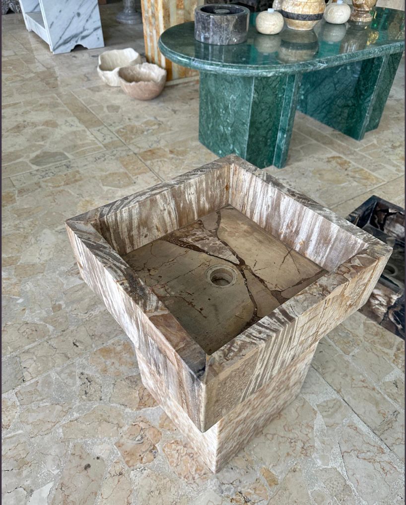 Petrified Wood Sink | Handcrafted Fossilized Wood Washbasin in Black and Beige | Natural Fossil Bathroom Vessel Basin